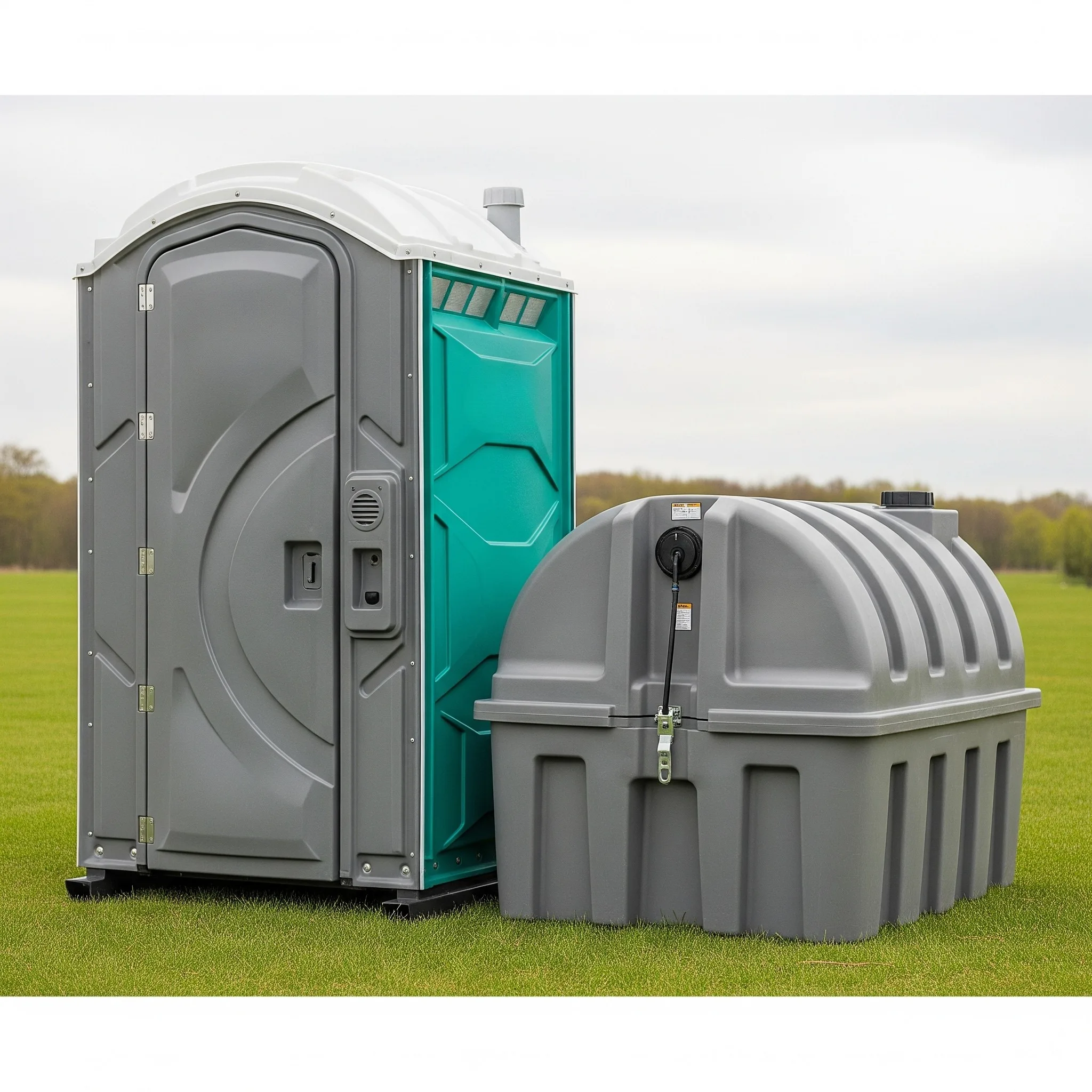 A portable toilet with a holding tank beside it